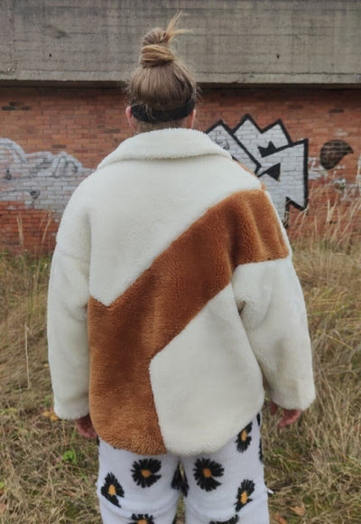 Contrast fleece wide jacket faux fur aviator bomber in brown