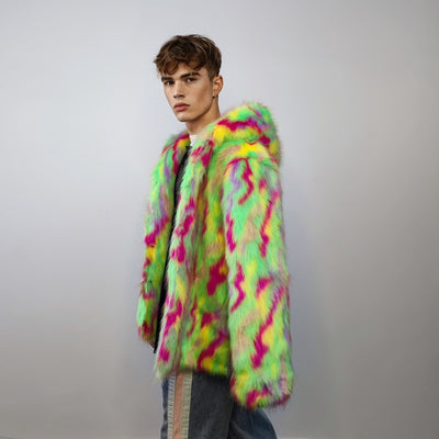 Hooded faux fur jacket psychedelic coat shaggy trench bright raver bomber fluffy fleece festival jacket neon burning man overcoat green pink