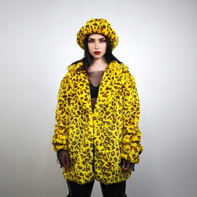 Yellow leopard jacket faux fur trench oversize animal print coat festival overcoat furry peacoat jaguar bomber lynx psychedelic rave fleece