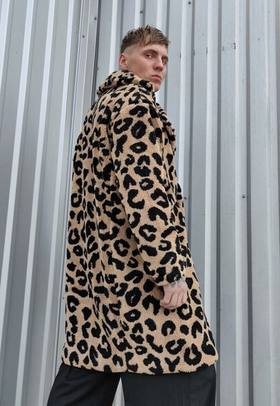 Leopard fleece coat animal print long jacket in brown