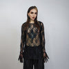 Long sleeve lace top crochet jumper sheer lace t-shirt see-through sweatshirt punk pullover transparent party t-shirt catwalk tee in black