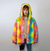 Hooded rainbow fur jacket unicorn bomber neon raver puffer fluffy tie-dye fleece psychedelic festival coat burning man party trench orange