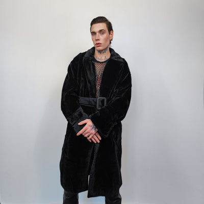 Gothic faux fur coat belted utility trench 80s inspired fluffy jacket gorpcore shaggy bomber long fleece grunge punk mac in black