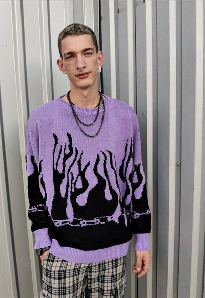 Flame sweater fire jumper in purple grunge burning top