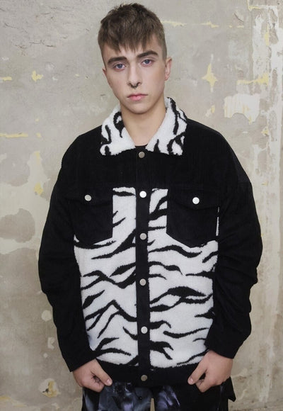 Reworked animal print jacket zebra fleece patch bomber black