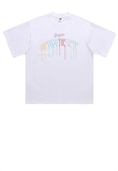 Sweet slogan t-shirt retro rainbow tee raver top in black