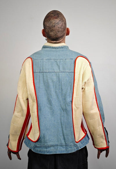 Reworked denim racing jacket colour blocked varsity bomber