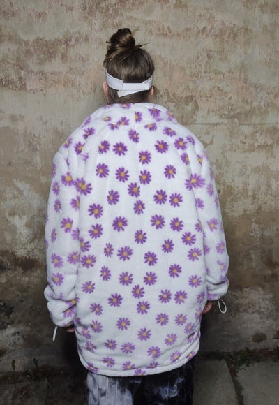 Floral fleece Bomber handmade fluffy 70s daisy jacket white