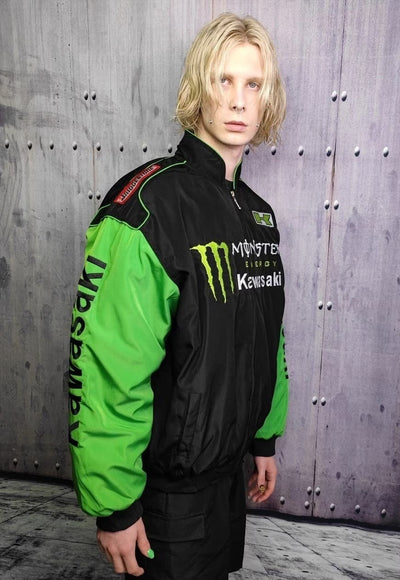 Green racing jacket patchwork Kawasaki motorsport varsity