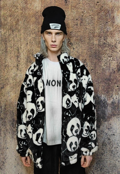 Panda fleece jacket animal print fluffy retro bomber black