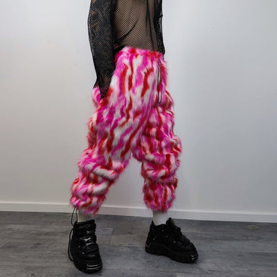 Striped fur joggers winter raver pants fluffy zebra trousers skiing fleece tie-dye overalls festival bottoms burning man pants in red pink