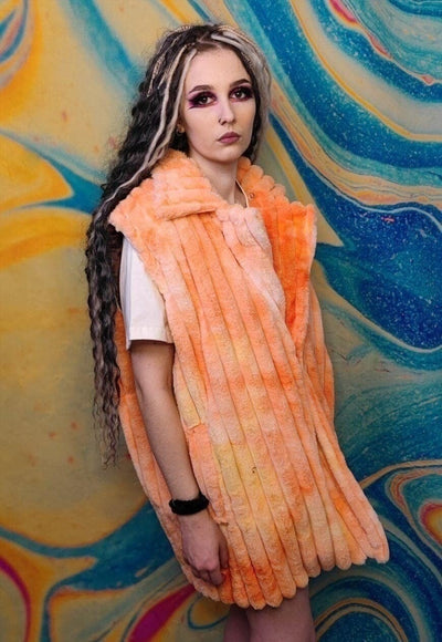 Tie-dye fleece coat handmade 2in1 hood trench jacket orange