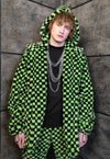 Check fleece coat handmade 2in1 faux fur trench in green