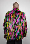 Rainbow faux fur coat parrot fuzzy jacket raised neck trench