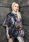 Baroque print tee handmade religion t-shirt rave top in blue