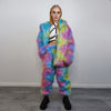 Rainbow faux fur joggers unicorn raver pants fluffy psychedelic trousers ski fleece tie-dye overalls festival bottoms burning man pants blue