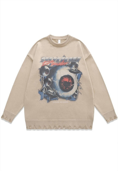 Alien sweater knitted distressed UFO print jumper in black