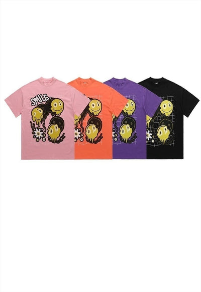 Emoji print t-shirt grunge tee retro raver smile top black