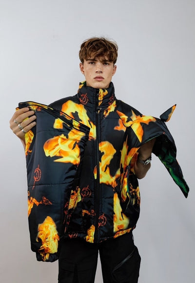 Smoke print bomber reversible jacket detachable flame puffer