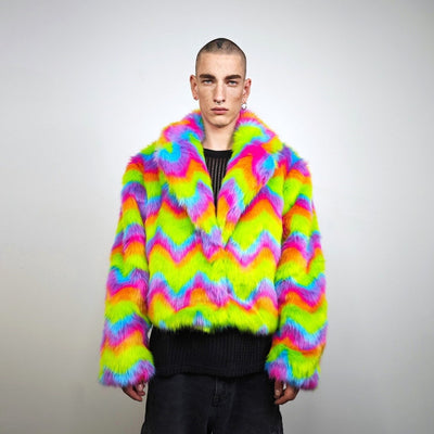 Rainbow faux fur coat crop striped trench festival zigzag jacket furry overcoat carnival bomber party peacoat psycho wide rave fleece pink