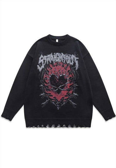 Gothic sweater ripped jumper heart print knitted top in grey