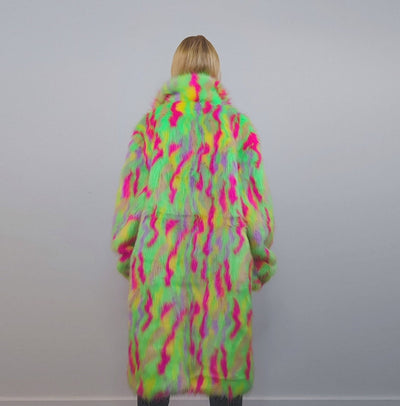 Psychedelic faux fur longline coat shaggy trench bright raver bomber fluffy winter fleece festival jacket neon burning man coat green pink