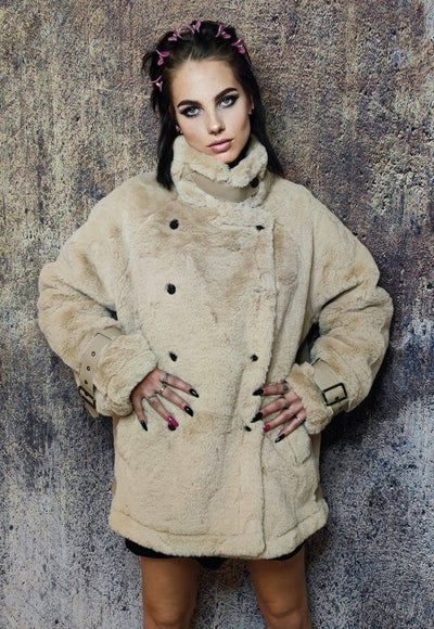 Faux fur duffle coat buckle strap double breasted jacket