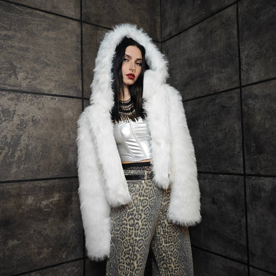 Collarless faux fur coat white cropped luxury bomber fluffy glam fleece detachable sleeves festival jacket burning man short overcoat