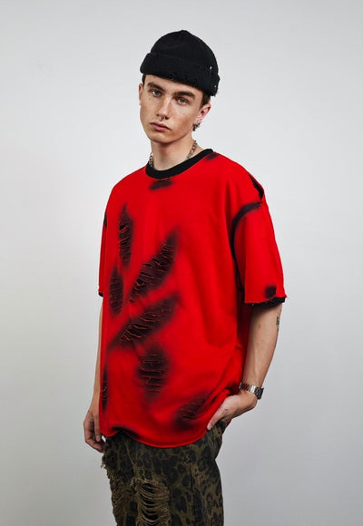 Ripped oversize t-shirt red double layer shredded grunge top