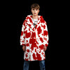 Cow print faux fur long coat hooded spot print trench rave bomber detachable fleece festival removable sleeves burning man jacket red white