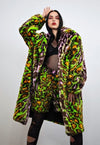 Leopard fauxfur coat green neon animal print festival trench