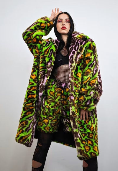 Leopard fauxfur coat green neon animal print festival bomber