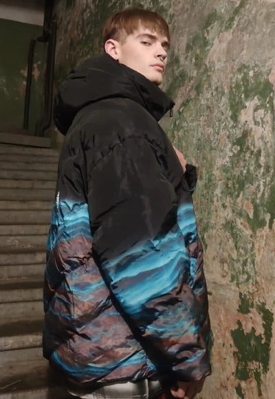 Space print bomber tie-dye earth north jacket in black