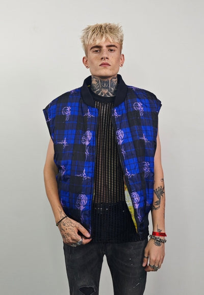 Tattoo print varsity jacket yellow check reversible bomber