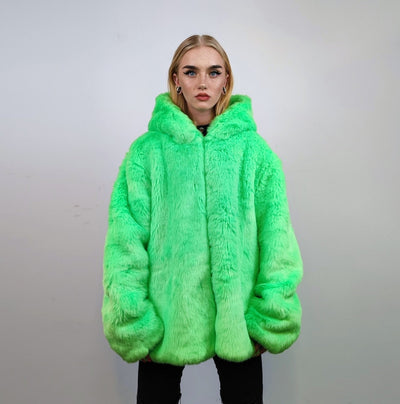 Hooded neon faux fur jacket shaggy coat bright raver bomber fluffy trench winter fleece festival jacket burning man overcoat in green