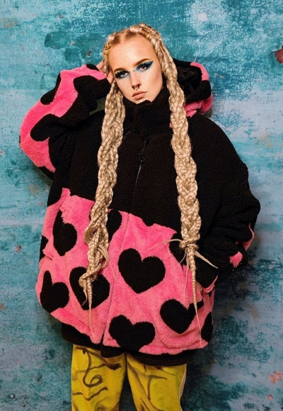 Heart fleece hood jacket handmade fluffy emoji bomber black