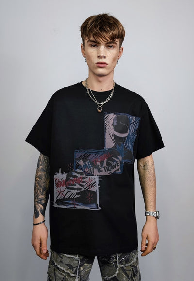 Bondage t-shirt S&M graffiti tee grunge paint top in black