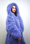 Shaggy fur coat blue hooded cropped trench festival jacket