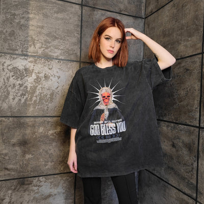 Skull print t-shirt vintage wash skeleton tee Gothic saint top creepy jumper in acid grey