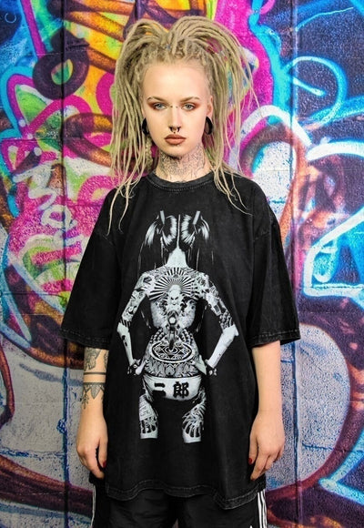 Tattoo t-shirt pinup girl tee Japanese Anime top acid black