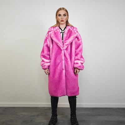 Pink fur coat neon long trench fluorescent psychedelic overcoat heavy rave bomber festival geometric jacket custom going out bright peacoat