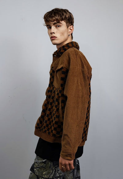 Checked velvet jacket SKA fleece patch bomber in brown