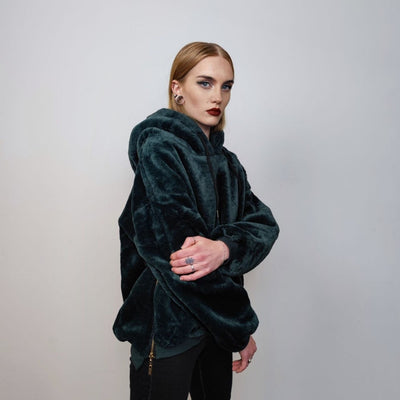 Hooded fleece jacket utility fluffy pullover faux fur punk hoodie side zippers lined Gothic jumper raver top in emerald green