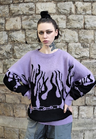 Flame sweater fire jumper in purple grunge burning top