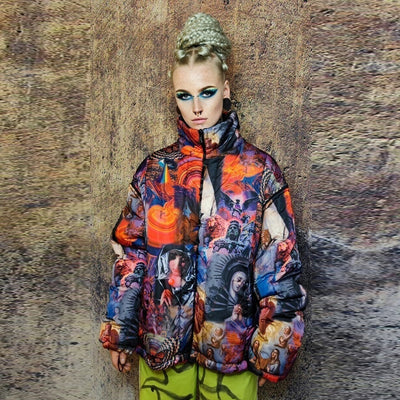 Psychedelic bomber jacket detachable raver puffer in rainbow