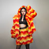 Psychedelic orange coat faux fur geometric cropped bomber fluffy carnival fleece detachable sleeves festival jacket short flame overcoat