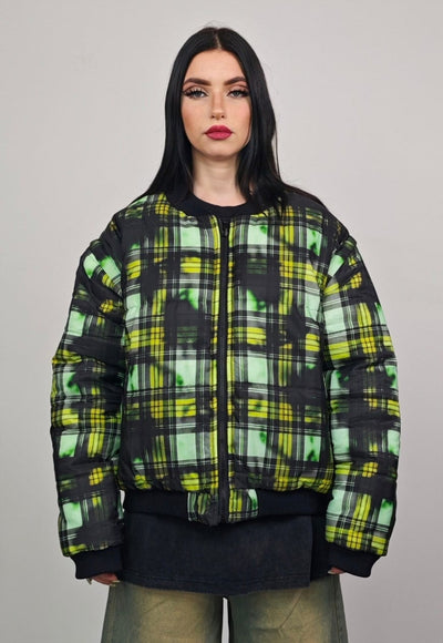 Tie-dye check varsity jacket green tartan reversible bomber