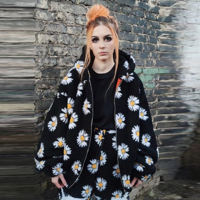 Daisy print fleece jacket handmade sunflower bomber in black