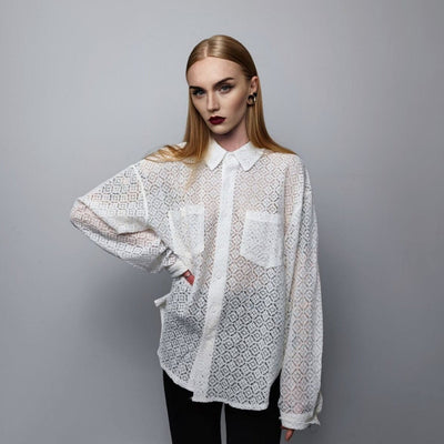 See-through shirt long sleeve transparent crochet blouse sheer party top curved button up transparent festival mesh top in white