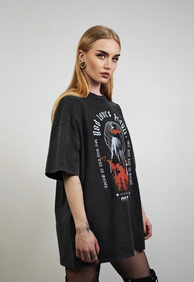 Saint t-shirt flame tee grunge religion top in vintage grey